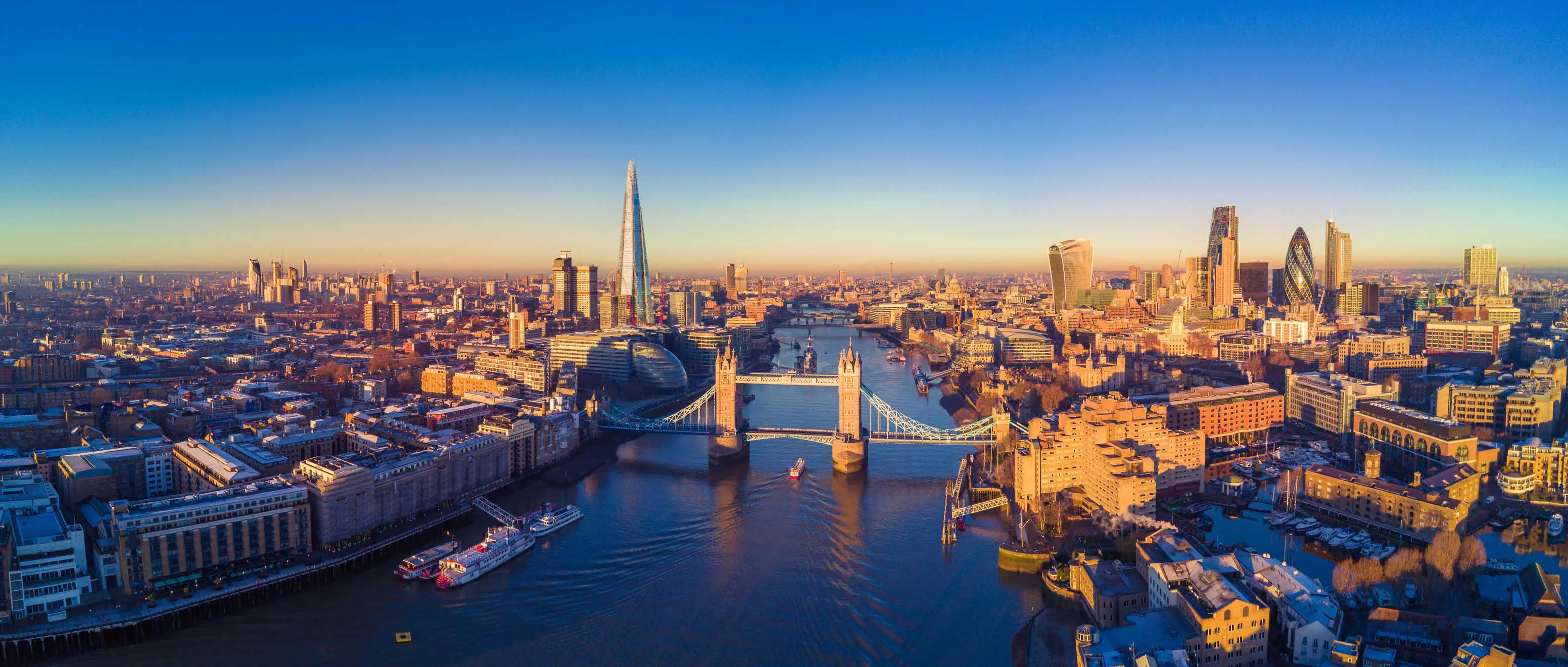 Aerial, scenic shot of london at sundown.