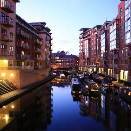 Birmingham canals lit at dusk